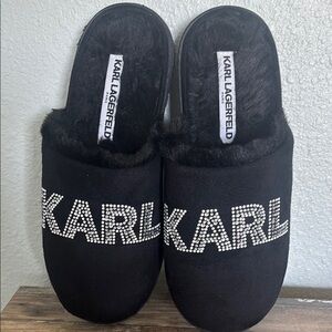 Karl Lagerfeld Black Slippers with Rhinestone Detail
